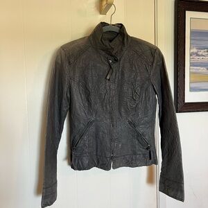 Womens Grey Leather Zip-Front Jacket